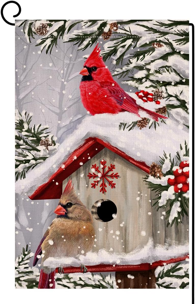 BLKWHT Winter Cardinal Bird Garden Flag 12x18 Vertical Double Sided Trees Snow Christmas Holiday Outside Decorations Burlap Yard Flag BW735 - Image 1